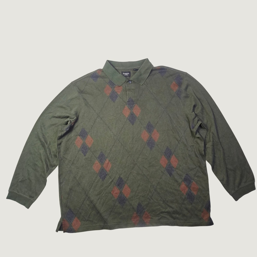 Haggar Men's Argyle Long Sleeve Polo Shirt XXL Green Diamond Knit Pullover B63